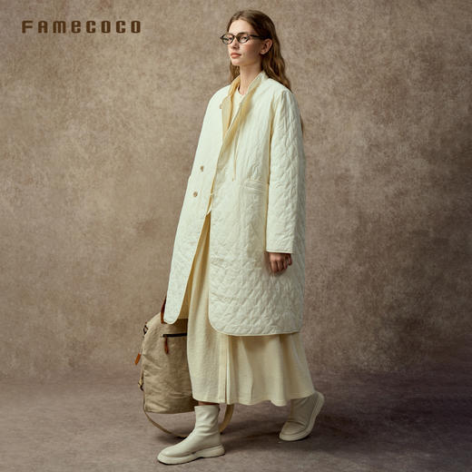 Famecoco范可儿小立领中式改良长款菱格纹轻薄棉服FAC8AE001 商品图1