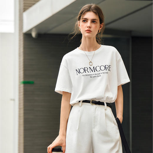 OLrain欧芮儿米白色T恤女春季2025新款休闲百搭宽松字母印花短袖 商品图1