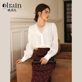 OLrain欧芮儿法式V领衬衫女春季2025年新款蕾丝花边百搭长袖衬衣