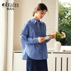 OLrain欧芮儿蓝色条纹衬衫女冬季2024年新款宽松休闲通勤上衣衬衣