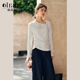 OLrain欧芮儿黑白条纹T恤女冬季2024年新款不规则通勤设计感长袖