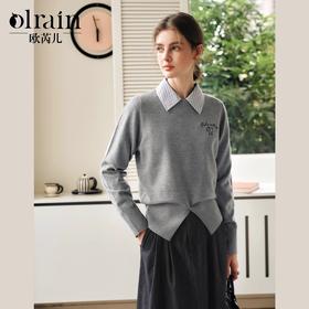 OLrain欧芮儿灰色套头针织衫女冬季2024年新款通勤开叉圆领长袖
