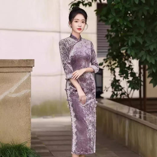 新中式国风长款，改良丝绒旗袍GSJ965 商品图2