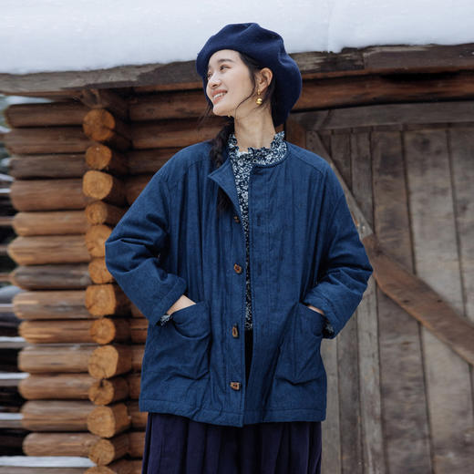 绽放旅行女装841朵/冬季棉提花肌理圆领亚麻棉牛仔绗棉中长款棉服 商品图0