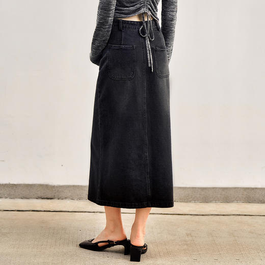 OLrain欧芮儿黑色牛仔半身裙女春季2025新款通勤休闲侧开叉直筒裙 商品图4
