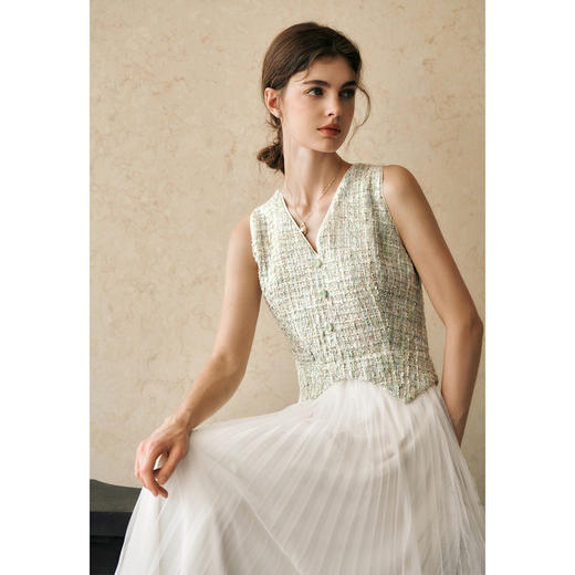 OLrain欧芮儿法式连衣裙女春季2025年新款拼接粗花呢百褶网纱长裙 商品图1