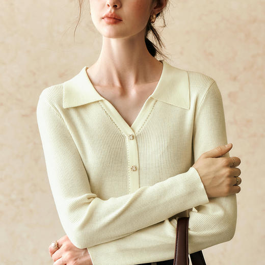 OLrain欧芮儿杏白色针织衫女冬季2024年新款POLO领通勤套头衫 商品图4