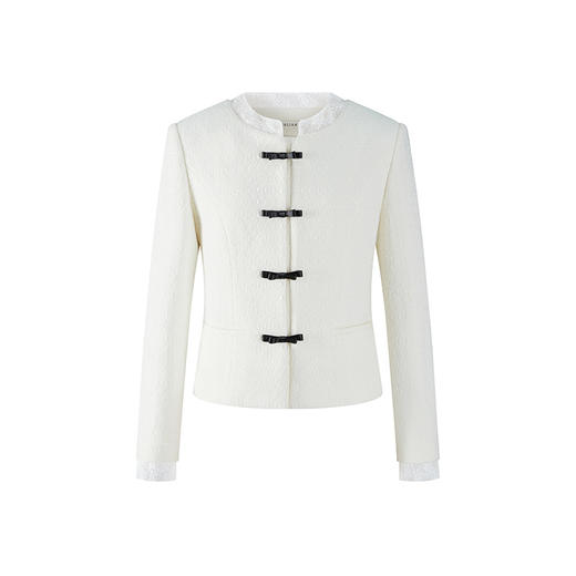 H2ESCOB052WH蝴蝶结纽扣装饰设计立领粗花呢外套 商品图0