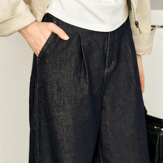 OLrain欧芮儿蓝色牛仔裤女春季2025年新款通勤设计感收褶阔腿裤 商品图1