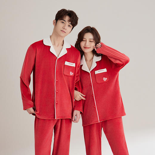 【秋冬挚爱❗️情侣海岛绒睡衣套装】软糯轻盈，触感细腻❗️新款加厚刺绣开衫气可外穿洋气大码家居服长袖长裤两件新年马年本命年大红色 商品图2