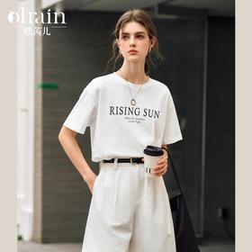 OLrain欧芮儿米白色T恤女春季2025新款休闲百搭宽松字母印花短袖