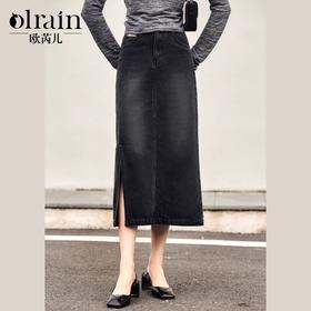 OLrain欧芮儿黑色牛仔半身裙女春季2025新款通勤休闲侧开叉直筒裙