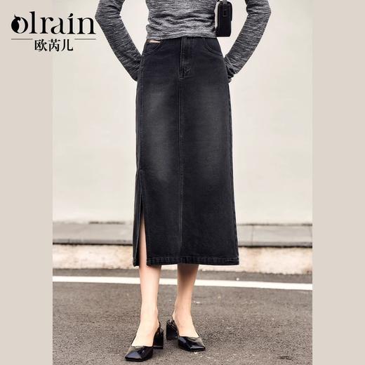 OLrain欧芮儿黑色牛仔半身裙女春季2025新款通勤休闲侧开叉直筒裙 商品图0