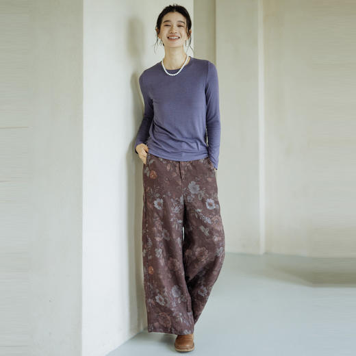 绽放旅行女装844朵/加厚双雨露麻底印花半松紧腰长裤宽松休闲裤 商品图4