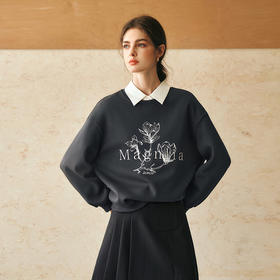 OLrain欧芮儿灰色印花卫衣女冬季2024年新款宽松休闲设计感套头衫