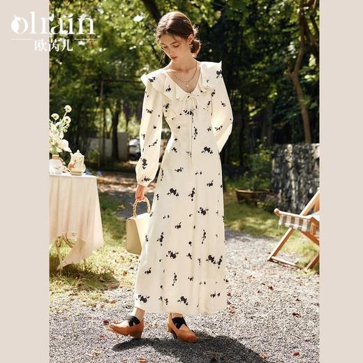 OLrain欧芮儿法式杏色连衣裙女春季2025年新款V领荷叶边碎花裙 商品图0