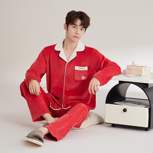 【秋冬挚爱❗️情侣海岛绒睡衣套装】软糯轻盈，触感细腻❗️新款加厚刺绣开衫气可外穿洋气大码家居服长袖长裤两件新年马年本命年大红色 商品图7