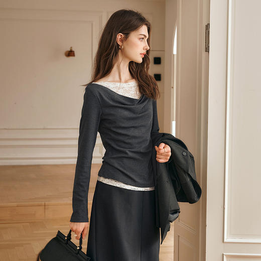 OLrain欧芮儿灰色长袖T恤女冬季2024新款蕾丝一字肩荡领双层上衣 商品图4