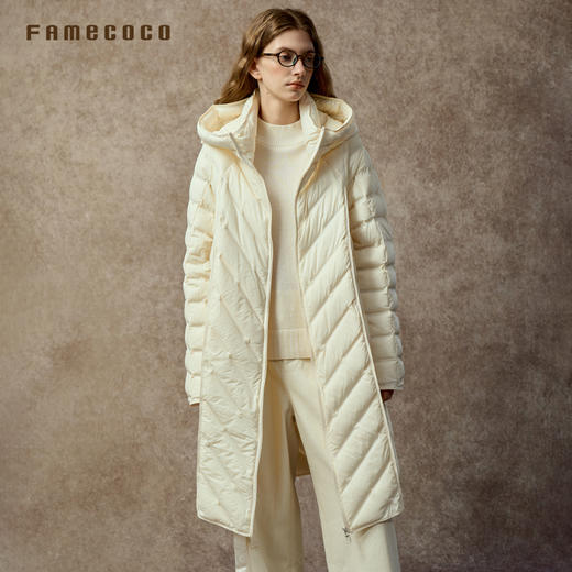 Famecoco范可儿茧型长款立领连帽宽松简约轻薄羽绒服FAC8AK004 商品图1