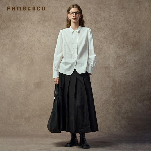 Famecoco范可儿高腰百褶A字裙中式提花遮肉长裙FAC8HA023 商品图4