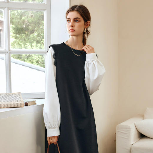 OLrain欧芮儿黑色连衣裙女春季2025新款设计感拼接蕾丝气质直筒裙 商品图1