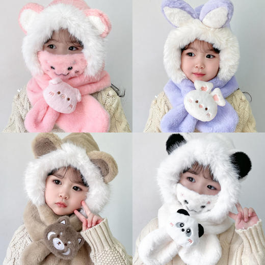 【儿童帽子围巾一体围脖，防风保暖，加绒护耳】1-10岁儿童帽子围巾一体围脖 秋冬季加绒宝宝护耳帽 保暖男女童毛绒帽爆款-QQ 商品图3