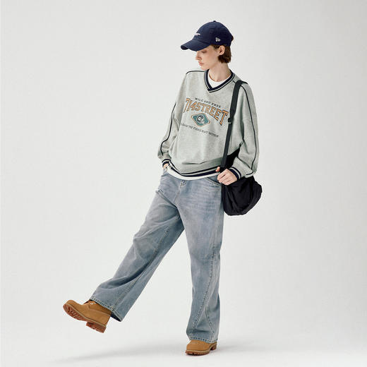 714street学院风撞色抓绒V领卫衣男2025春季新款宽松落肩套头毛衣 商品图3