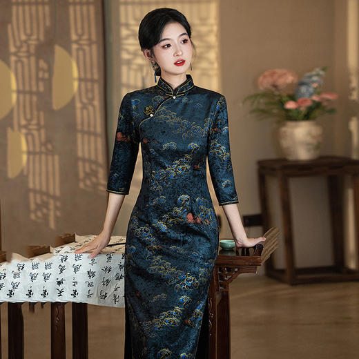 烫金丝绒国风中式长款改良，复古长袖妈妈旗袍ZQYS-SC19861 商品图1
