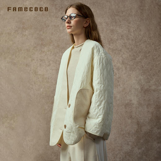Famecoco范可儿菱格纹V领宽松休闲无领轻薄棉服外套FAC8AE002 商品图1