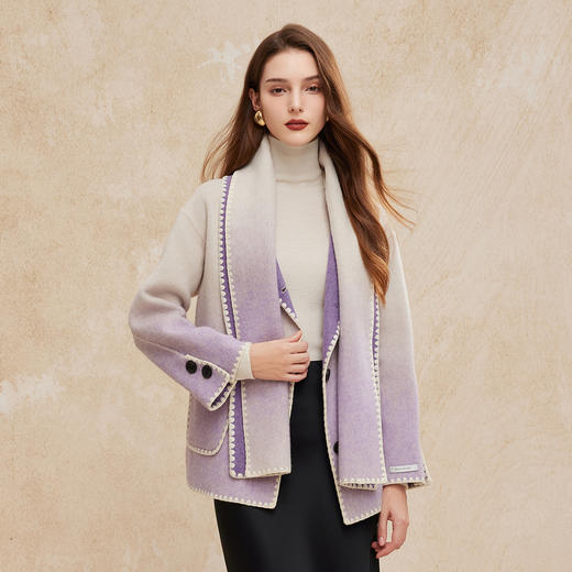 PH963斯尔丽24新款双面呢配围巾撞色滚边渐变色箱型减龄小个子羊毛大衣 商品图4