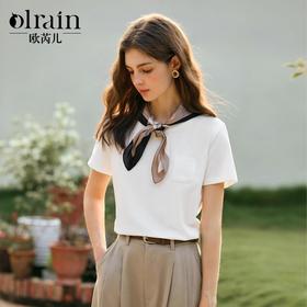 OLrain欧芮儿白色圆领T恤女冬季2024年新款通勤设计感小口袋短袖