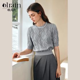 OLrain欧芮儿法式灰色针织衫女春季2025新款设计感镂空圆领套头衫