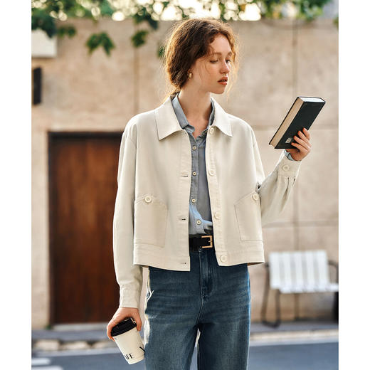 OLrain欧芮儿杏色休闲短外套女春季2025年新款通勤百搭翻领上衣 商品图1