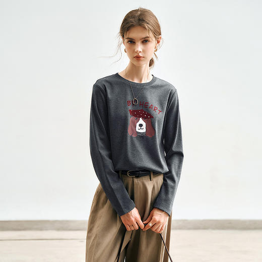 OLrain欧芮儿灰色长袖T恤女春季2025年新款趣味印花圆领休闲上衣 商品图4