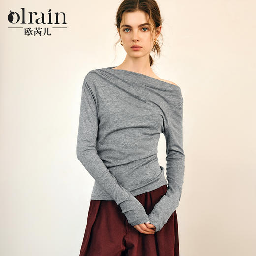 OLrain欧芮儿法式长袖T恤女春季2025年新款一字领不规则抽褶上衣 商品图0