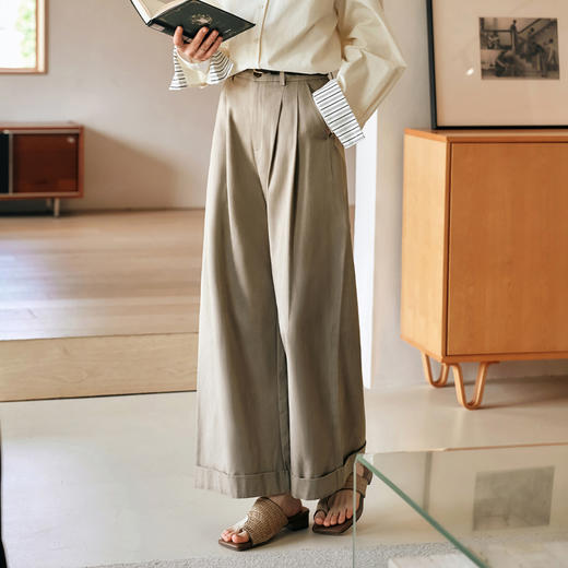 OLrain欧芮儿茶褐色休闲裤女冬季2024年新款纯色气质高腰阔腿裤 商品图1