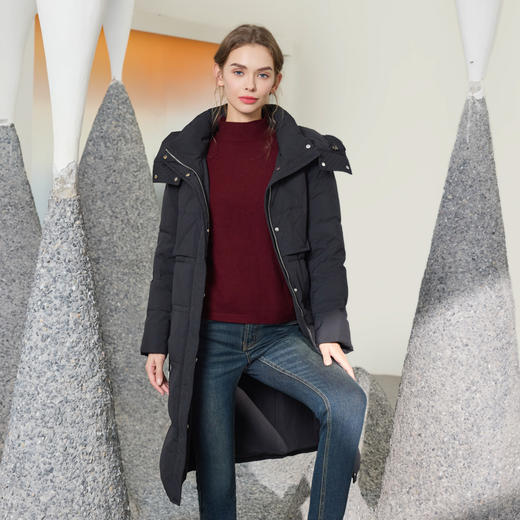 半身缘女装 冬季修身时尚拼色收腰连帽长款羽绒服244313M01713312 商品图3