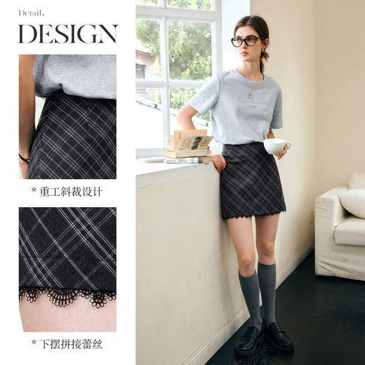 OLrain欧芮儿灰色格子半身裙女春季2025年新款设计感蕾丝拼接短裙 商品图2