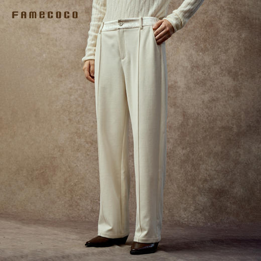 Famecoco精纺羊毛宽松阔腿裤显瘦立体剪裁腰头提花拼接FAC8GA010 商品图1
