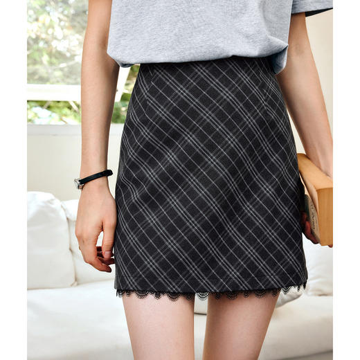 OLrain欧芮儿灰色格子半身裙女春季2025年新款设计感蕾丝拼接短裙 商品图1