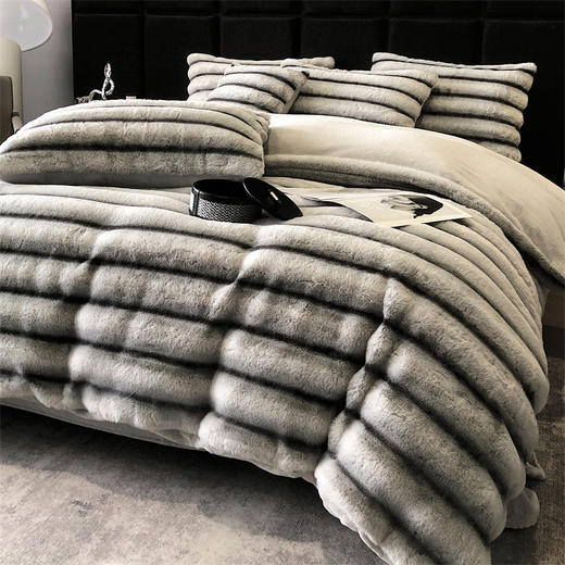 【一套约10斤重】美拉德濑兔绒四件套 双面厚实软糯细密绒毛保暖条纹款 商品图9