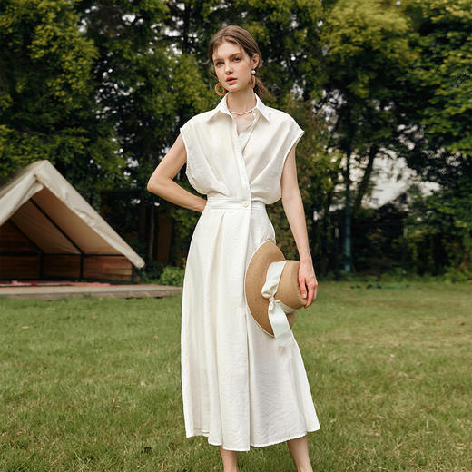 OLrain欧芮儿米白色连衣裙女春季2025年新款复古通勤连肩袖衬衫裙 商品图1