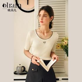 OLrain欧芮儿法式短袖针织衫女春季2025年新款撞色低圆领套头衫