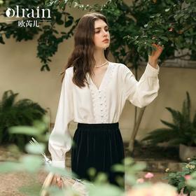 OLrain欧芮儿法式V领衬衫女冬季2024年新款慵懒风拼接蕾丝上衣