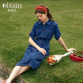 OLrain欧芮儿蓝色牛仔连衣裙女冬季2024年新款通勤收腰抽绳长裙