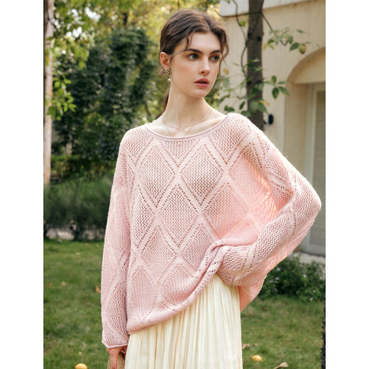 OLrain欧芮儿粉色镂空针织衫女冬季2024年新款法式宽松菱格套头衫 商品图3