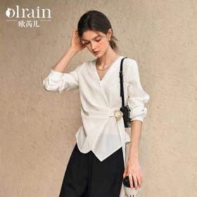 OLrain欧芮儿法式白色雪纺衫女冬季2024年新款通勤收腰抽褶衬衣