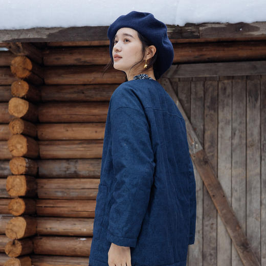 绽放旅行女装841朵/冬季棉提花肌理圆领亚麻棉牛仔绗棉中长款棉服 商品图2