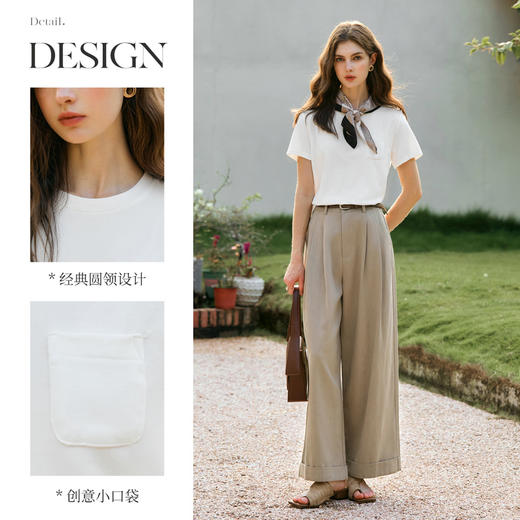 OLrain欧芮儿白色圆领T恤女冬季2024年新款通勤设计感小口袋短袖 商品图2