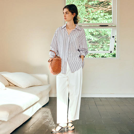OLrain欧芮儿条纹长袖衬衫女春季2025年新款通勤百搭别致翻领衬衣 商品图2